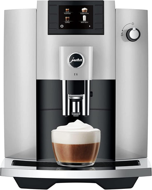 (Jura E6 Automatic, Affordable Espresso Machine with Programmable Coffee Strength (Platinum) Bundle with Smart Filter Cartridge, Cleaning Tablets, Coffee Beans Bag, and Glass Milk Container (5 Items)