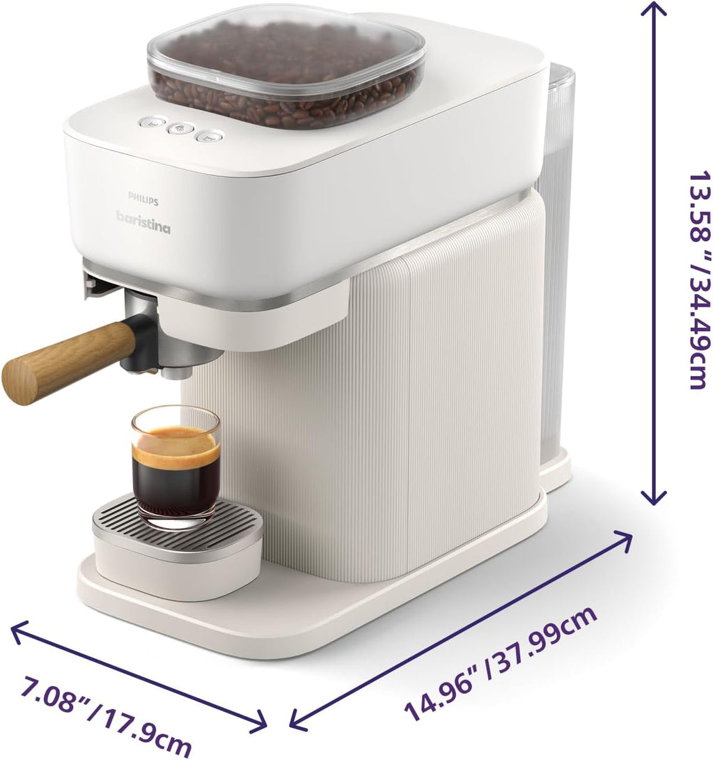 Philips Baristina Espresso Machine, Grind, Tamp & Brew Coffee Beans in One Swipe, Compact, 16 Bar Pump Pressure, Automatic Grinder, Natural White with Ash Wood Portafilter (BAR302/20)