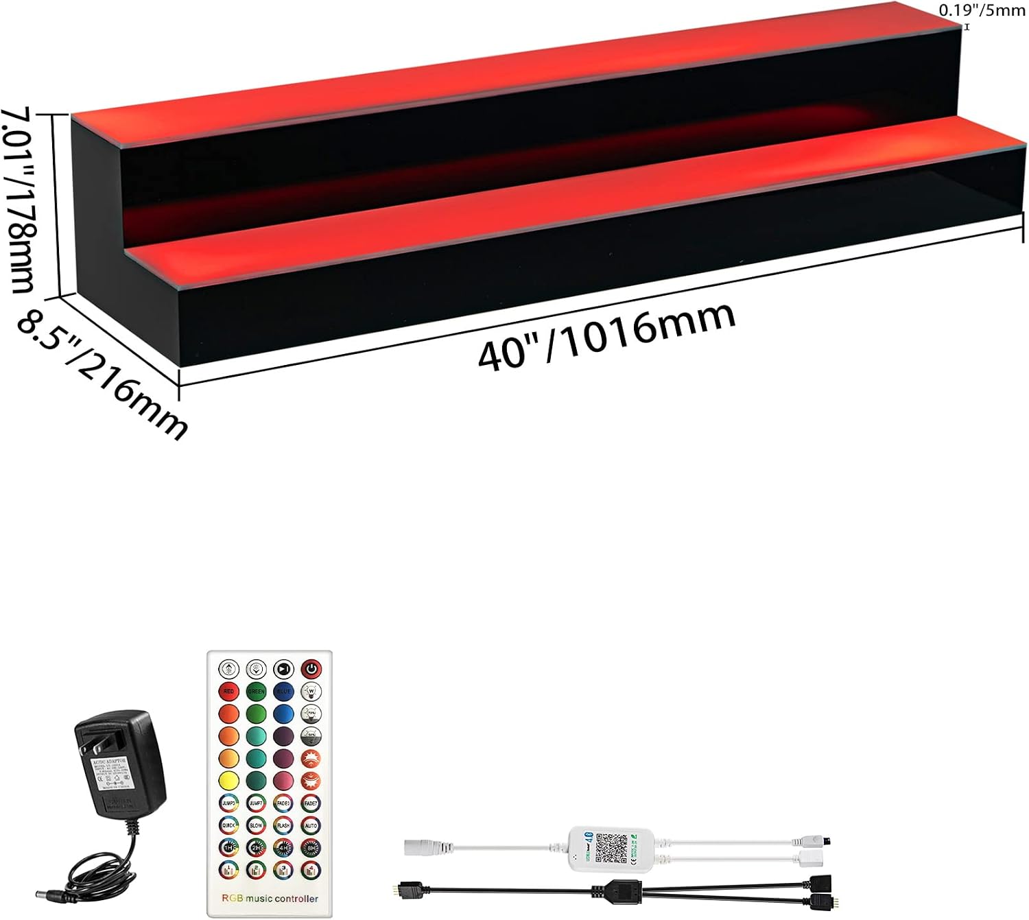 VEVOR LED Lighted Liquor Bottle Display Shelf, 2-Step 40-inch LED Bar Shelves for Liquor, Illuminated Home Bar Shelf with RF Remote & App Control 7 Static Colors 1-4 H Timing, Acrylic Lighted Shelf for 20 Bottles