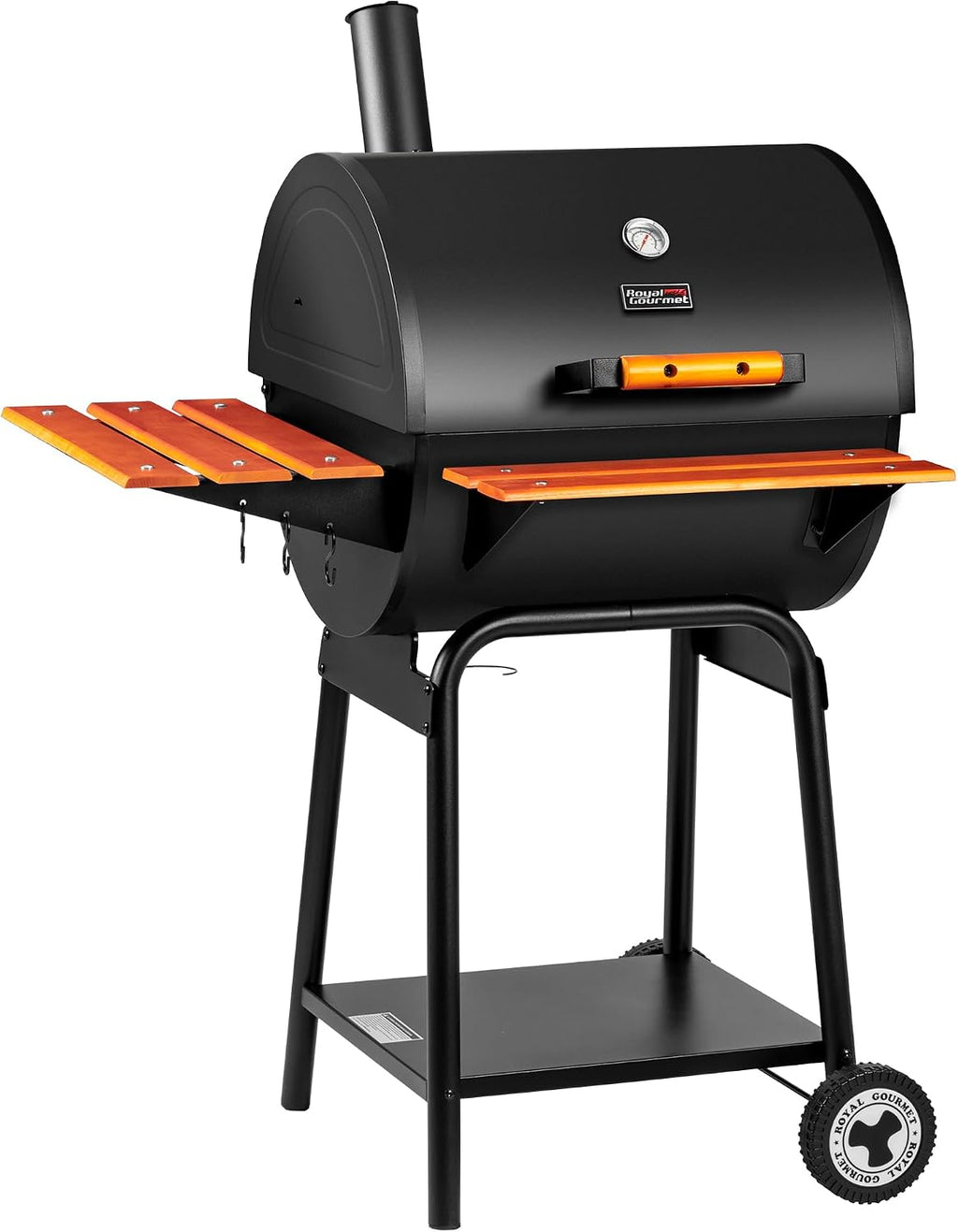 Royal Gourmet CC2024 24 Inch Charcoal Barrel Grill with Warming Rack, Outdoor BBQ Grill with Wooden Front and Side Shelves, for Backyard, Patio and Parties, Black