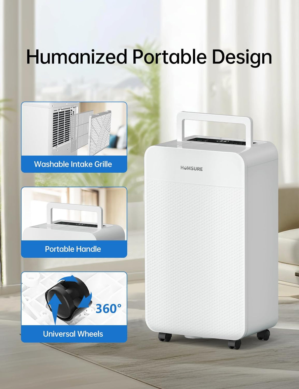 HUMSURE 4500 Sq. Ft 80 Pints Dehumidifier Equipped With Drainage Hose, Automatic Defrosting, for Basement, Home, Bathroom, Bedroom,24-Hour Timer Function