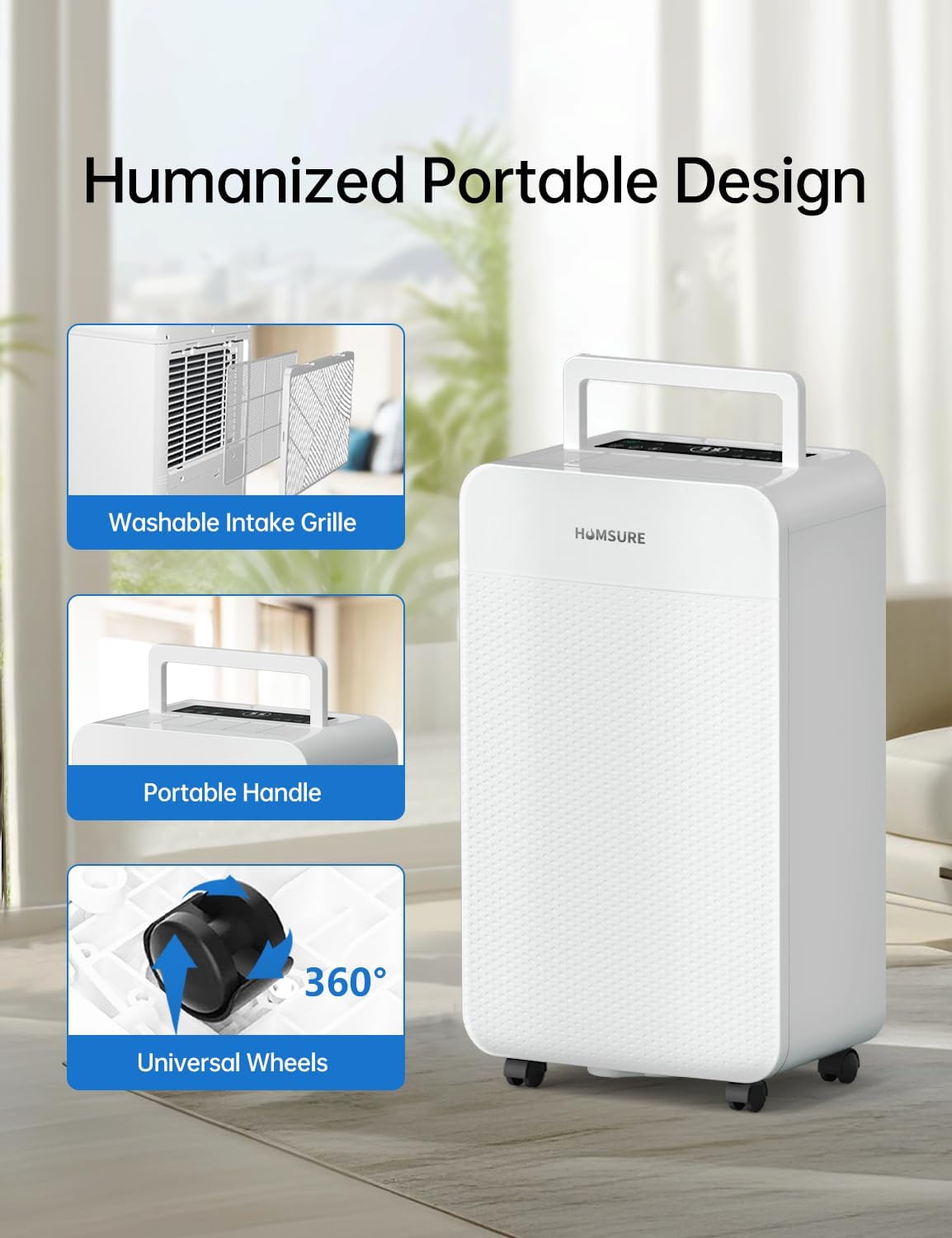 HUMSURE 4500 Sq. Ft 80 Pints Dehumidifier Equipped With Drainage Hose, Automatic Defrosting, for Basement, Home, Bathroom, Bedroom,24-Hour Timer Function