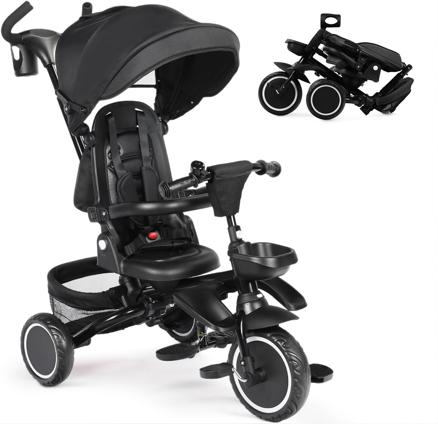 TODEFULL Folding Kids Tricycle, 8 in 1 Toddler Trike W/Removable & Adjustable Canopy, Parent Handle, 5-Piont Harness, Toddler Bike Tricycle for Kids 1-6 Years, EVA Wheels, Storage Basket, Black