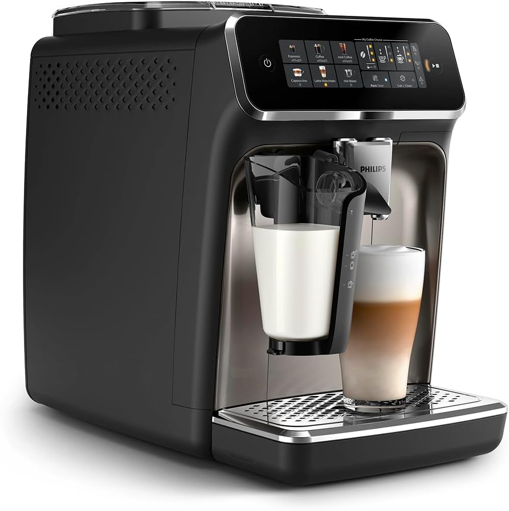PHILIPS 3300 Series Fully Automatic Espresso Machine - LatteGo Milk System, 5 Coffee Varieties, Intuitive Touch Display, SilentBrew, 100% Ceramic Grinder, AquaClean Filter, Glossy Black (EP3347/90)