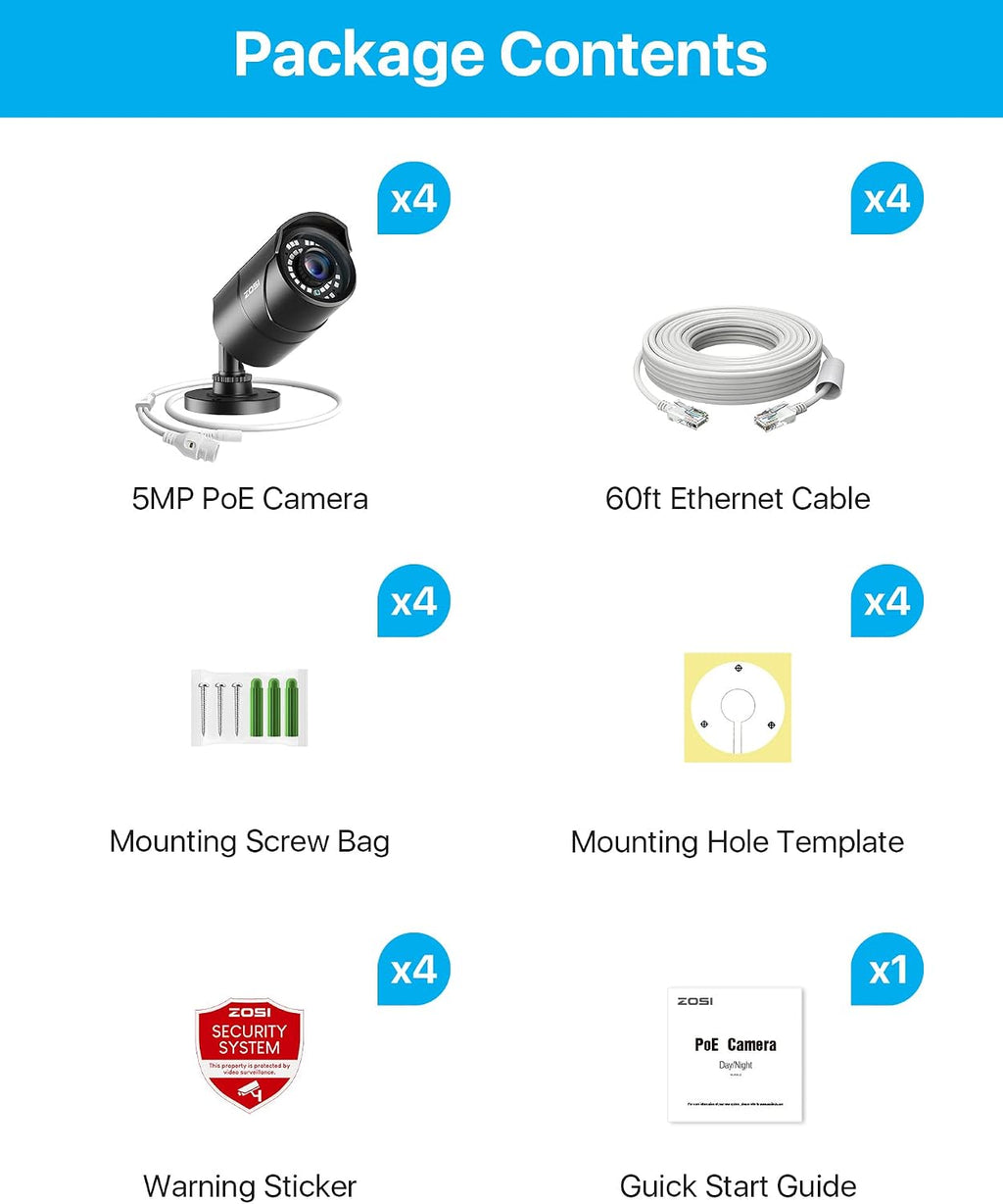 ZOSI 4 Pack 5MP 3K Add-on Security POE Camera with Cable, 2880 x 1620 Indoor Outdoor Bullet IP Camera, 120ft Night Vision, 3.6mm Lens, 95°View Angle, IP66 Weatherproof (Only Work with Our PoE NVR)