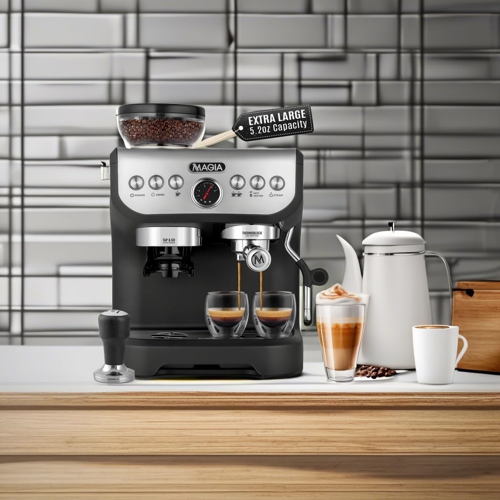 Zulay Kitchen Magia Manual Espresso Machine with Built-In Grinder & Steam Wand – 15 Bar Pressure Espresso Maker, 2L Removable Water Tank, Milk Frother, Complete Home Barista Set, Black & Silver