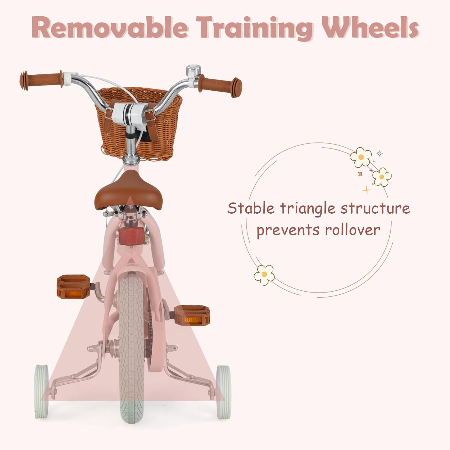 Olakids Kids Bike, 12 14 16 18 20 Inch Toddlers Bike with Training Wheels Rattan Basket Safety Bell Adjustable Seat and Handlebar, Children's Bicycle for Girls Boys