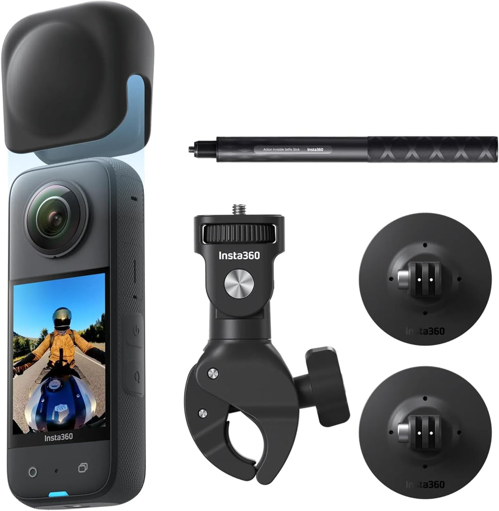 Insta360 X3 Motorcycle Bundle - Waterproof 360 Camera with 1/2' 48MP Sensors, 5.7K 360 Active HDR Video, 72MP 360 Photo, 4K Single-Lens, 60fps Me Mode, Stabilization