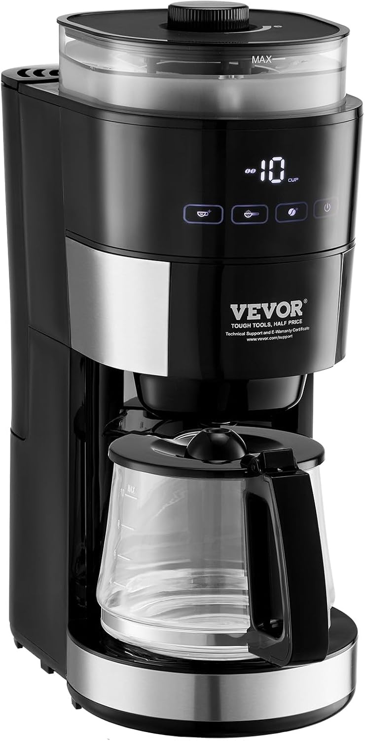 VEVOR Coffee Maker with Grinder, 10 Cup Coffee Machine, Grind and Brew Coffee Maker with 3 Brew Strength Control, Adjustable Grinding Coarseness, for Home Office Restaurant