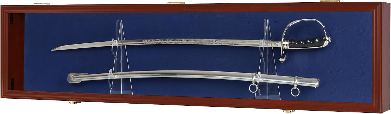 Sword Display Case Cabinet Stand Holder Wall Rack Holds Military Saber or Samurai Sword Lockable UV Protection Door Blue Felt Inside (Mahogany Finish Frame)