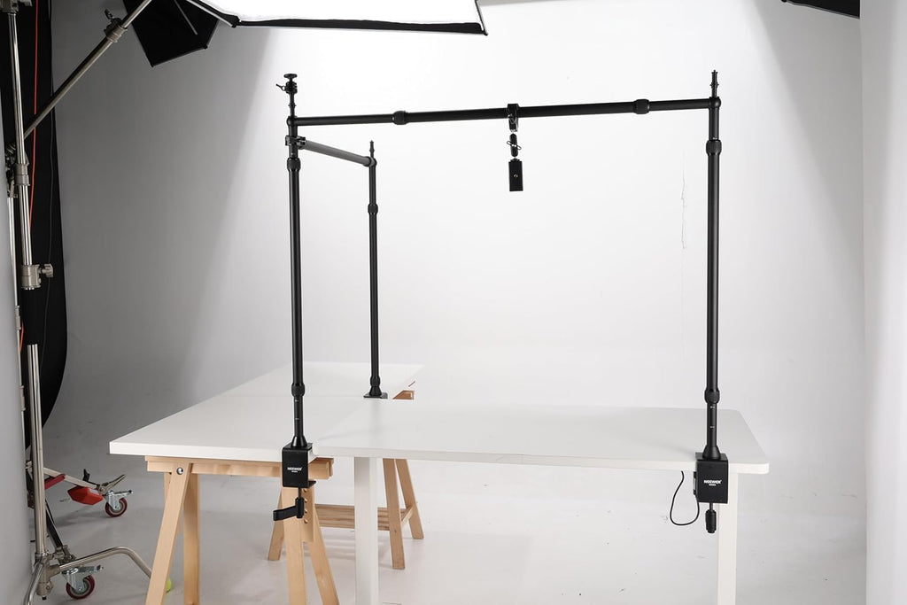 NEEWER Overhead Camera Mount Rig with Dual Ball Head Super Clamp/Phone Holder/C Clamp for Desktop Top Down Shots, Metal Multi Device Mount Platform for Photography Live Streaming Video Making, NK003
