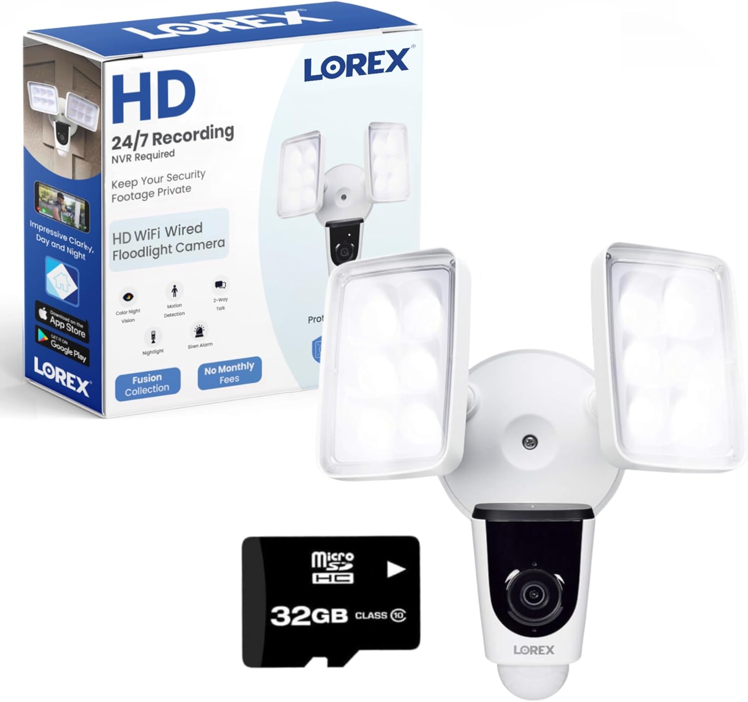 Lorex 1080p Wired White 4000 Lumens Floodlight Camera | 32GB MicroSD Card Included | No Monthly Fee | IR Night Vision | Motion Detection | 2-Way Talk | Siren | IP 65 Weatherproof