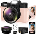6K Digital Camera for Photography Autofocus, 64MP WiFi Vlogging Camera for YouTube with 3' 180° Flip Screen 16X Zoom, 64GB SD Card & 2 Batteries Pink Compact Travel Camera for Beginners Teens
