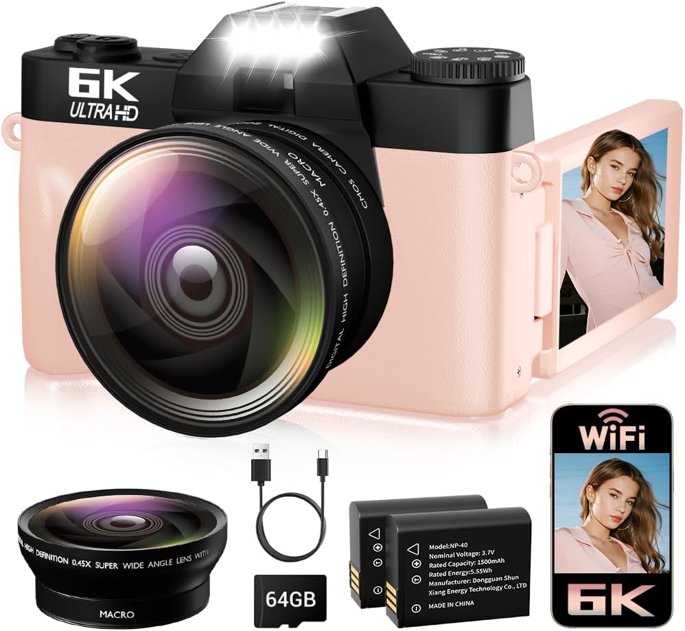 6K Digital Camera for Photography Autofocus, 64MP WiFi Vlogging Camera for YouTube with 3' 180° Flip Screen 16X Zoom, 64GB SD Card & 2 Batteries Pink Compact Travel Camera for Beginners Teens