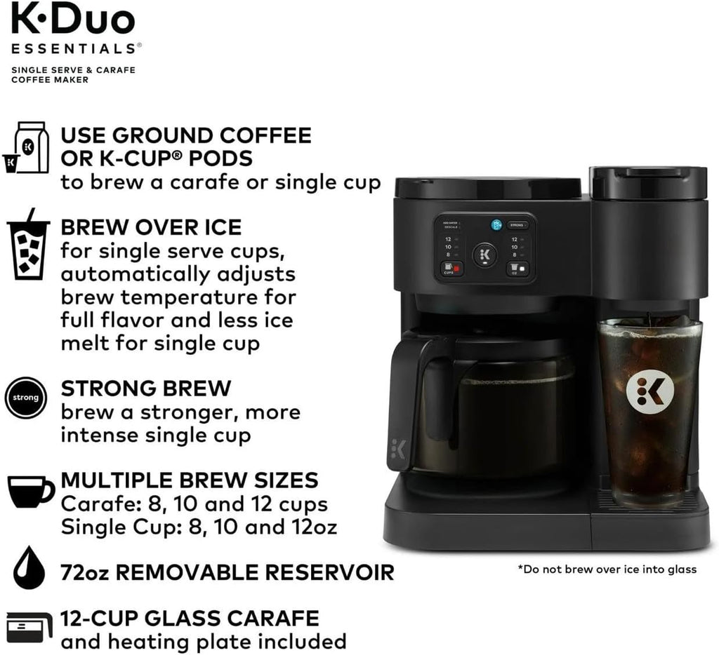 K-Duo Essentials, Hot & Iced Single-Serve Pod Coffee Maker & Carafe, 72 Oz Reservoir, Multiple Brew Sizes, Strong Brew Feature, Perfect for Hot and Iced Coffee (BLACK)