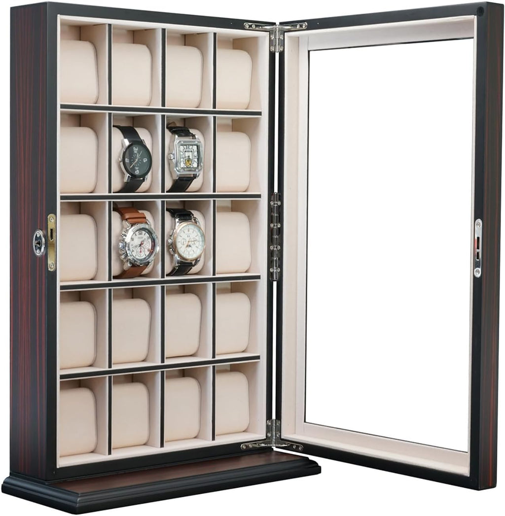 TIMELYBUYS 20 Piece Ebony Wood Watch Display Wall Hanging Case and Storage Organizer Box and Stand for Oversized Watches