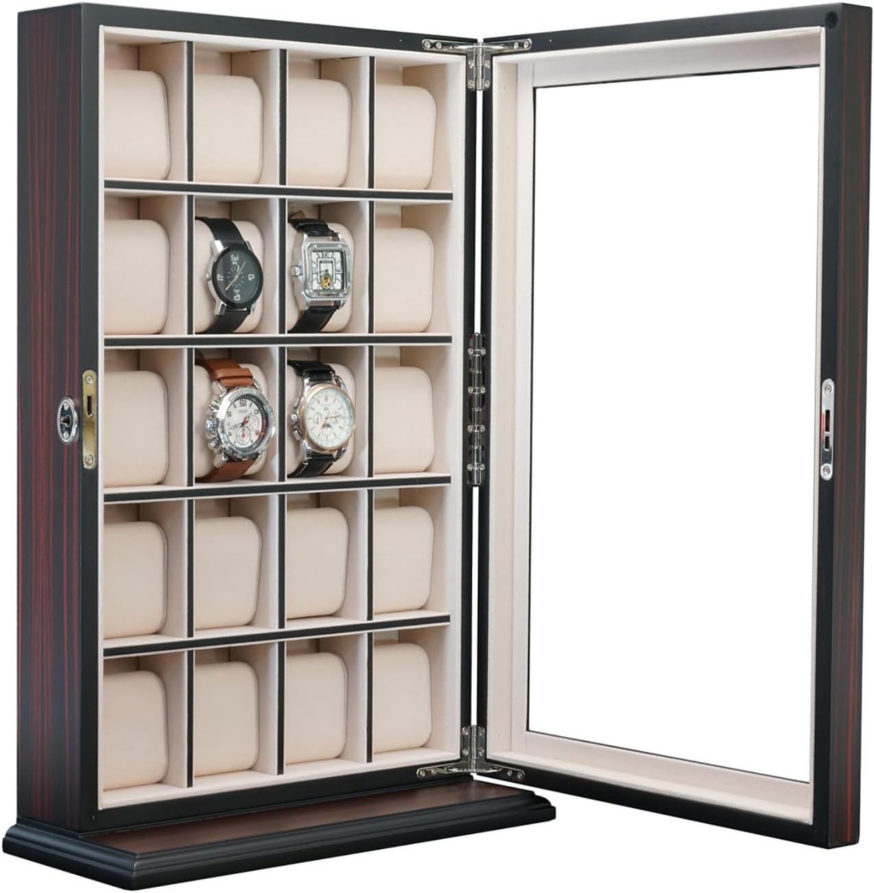 TIMELYBUYS 20 Piece Ebony Wood Watch Display Wall Hanging Case and Storage Organizer Box and Stand for Oversized Watches