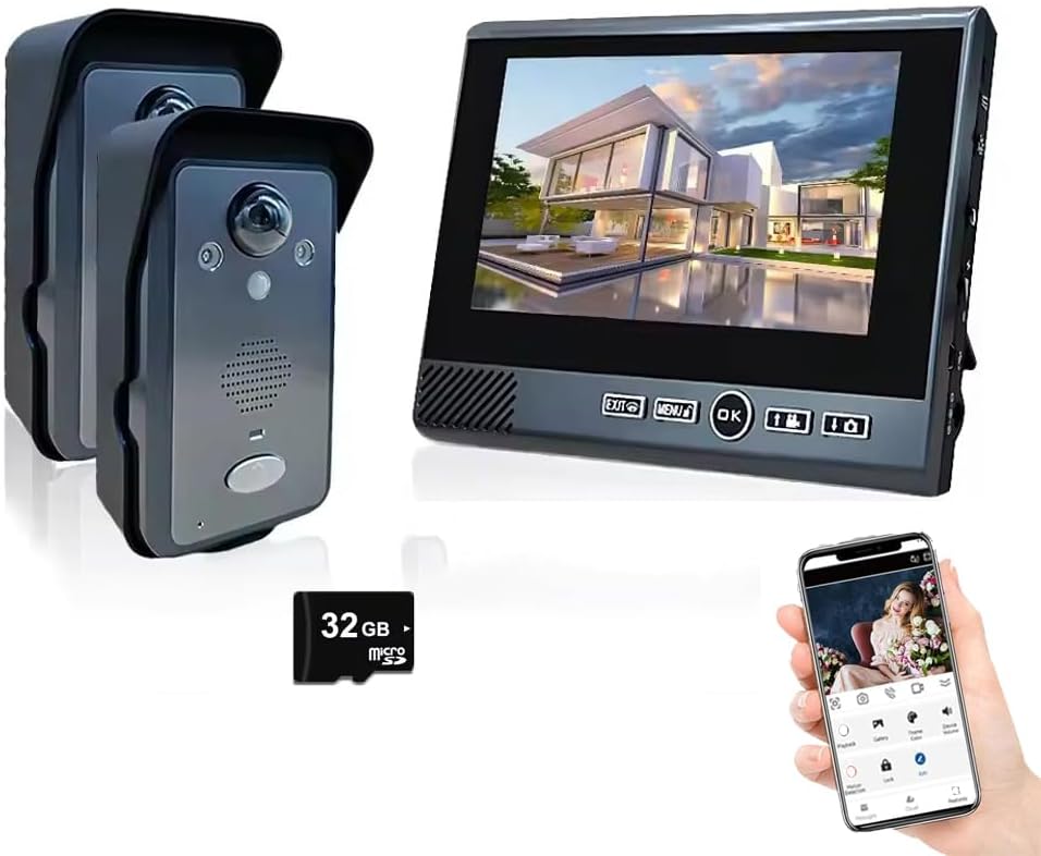 Ring Doorbell Wireless,Doorbell Camera Night Vision 1080P HD Camera,7 Inch TFT Screen Monitor,Support Tamper Alarm & Motion Detection,Long Standby,Visual Intercom Doorbell (2 Door +1 Monitor)