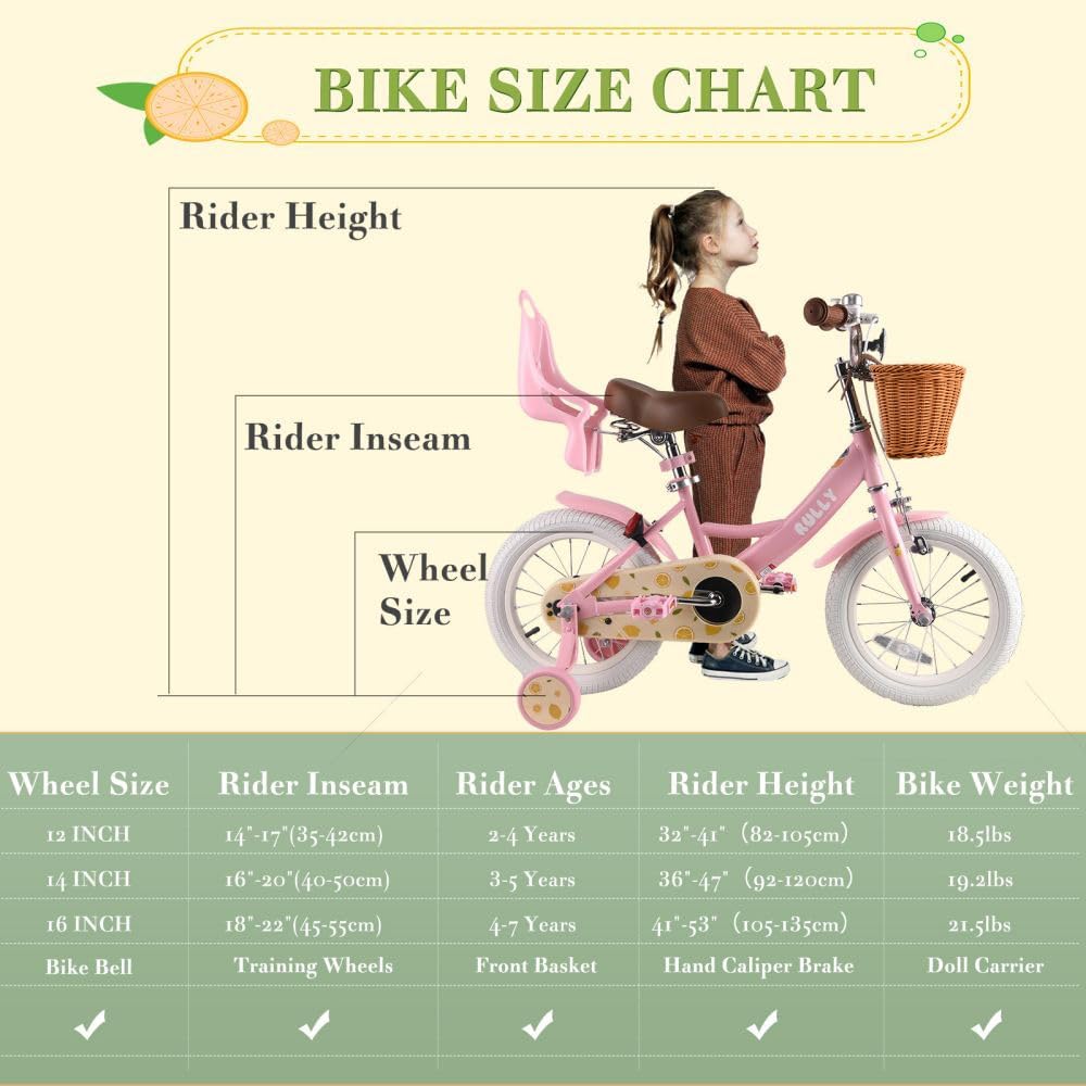 RULLY Fruit Kids Bike 12 14 16 Inch Bicycle for Girls Ages 2-7 Years, Training Wheels Included, Girl Bikes with Basket & Doll Seat | 12, 14, 16, Inch, Bicycle