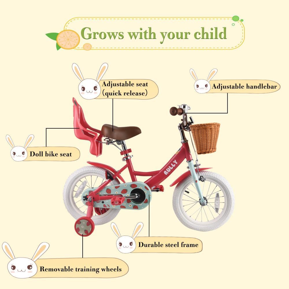 RULLY Fruit Kids Bike 12 14 16 Inch Bicycle for Girls Ages 2-7 Years, Training Wheels Included, Girl Bikes with Basket & Doll Seat | 12, 14, 16, Inch, Bicycle