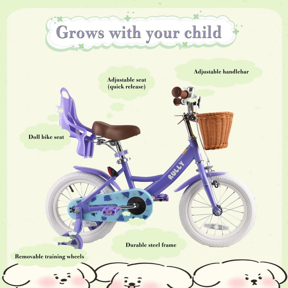 RULLY Fruit Kids Bike 12 14 16 Inch Bicycle for Girls Ages 2-7 Years, Training Wheels Included, Girl Bikes with Basket & Doll Seat | 12, 14, 16, Inch, Bicycle