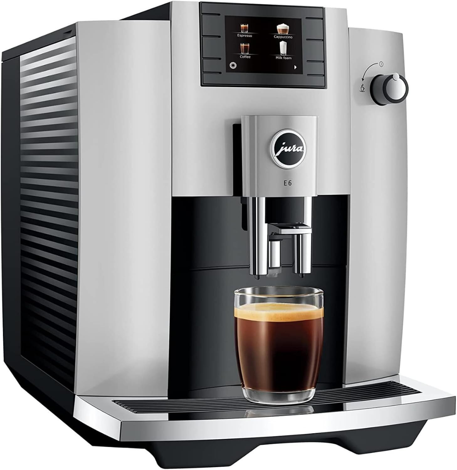 (Jura E6 Automatic, Affordable Espresso Machine with Programmable Coffee Strength (Platinum) Bundle with Smart Filter Cartridge, Cleaning Tablets, Coffee Beans Bag, and Glass Milk Container (5 Items)