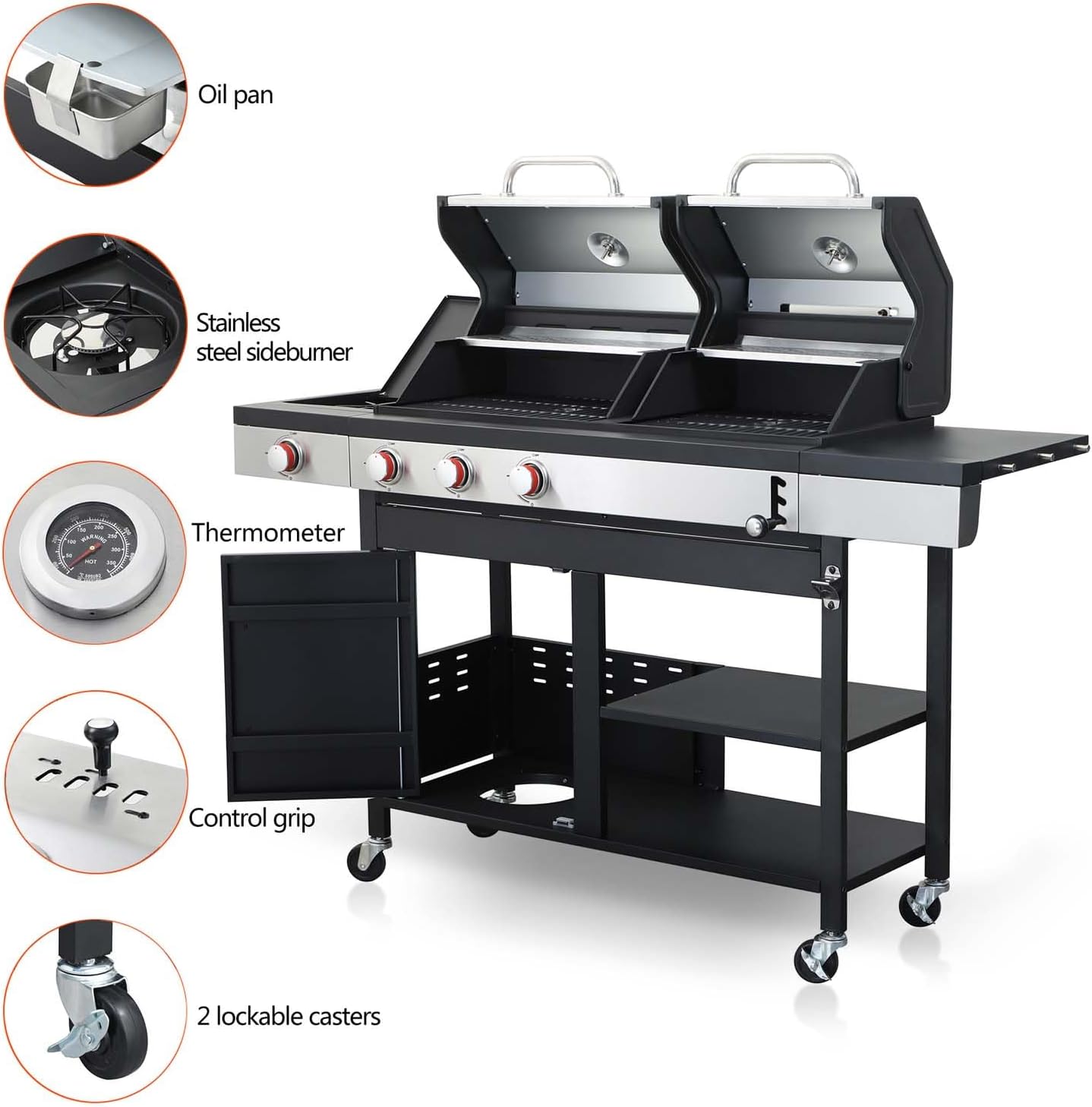 3 Burner Propane Gas and Charcoal Grill Combo with Side Burner & Porcelain-Enameled Cast Iron Grates, 37230BTU Output Dual Fuel Outdoor BBQ Grill for Patio Garden Picnic Backyard Barbecue Cooking