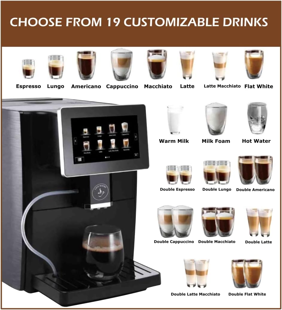 Cafe Bueno Super Automatic Espresso Machine For Home - Coffee Machine With Grinder & Milk Frother For Latte, Cappuccino, Macchiato - Auto Wake & Sleep – All Milk Types