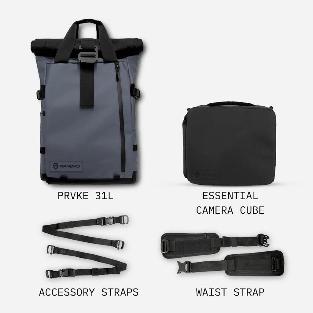 WANDRD PRVKE 31L Photography Bundle: Weather-Resistant Travel & Camera Backpack with Laptop Sleeve, Quick Side Access, Clamshell Opening – Ideal Photography & Travel Bag (Aegean Blue)
