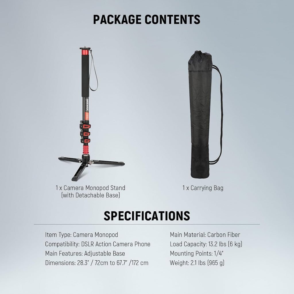 NEEWER 67.7' Camera Monopod Stand, Lightweight Carbon Fiber Travel Tripod with Detachable Base for DSLR Camcorder Video Recording, Telescopic Selfie Stick Trekking Pole, Max Load 13.2lb, TP71