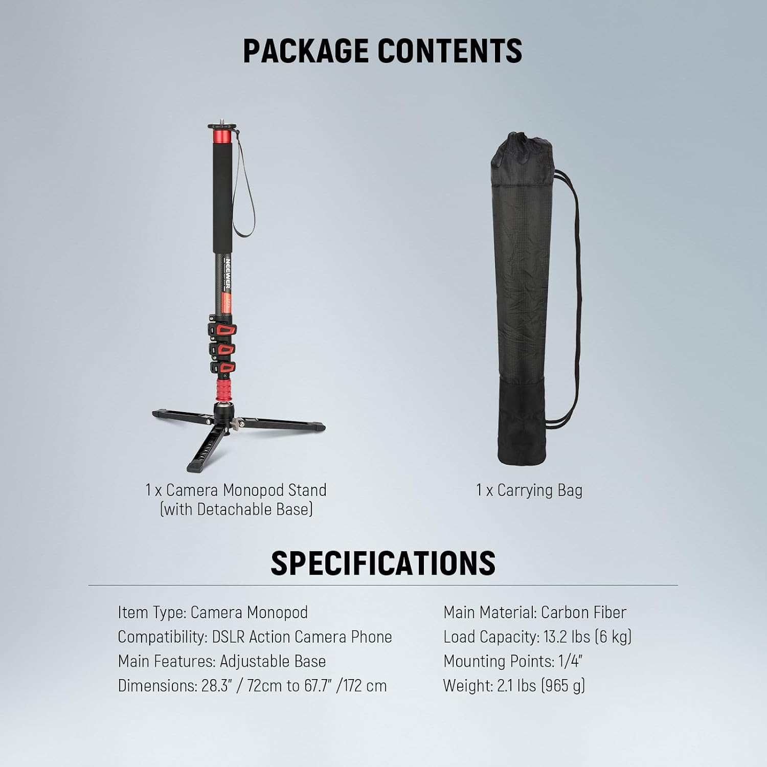 NEEWER 67.7' Camera Monopod Stand, Lightweight Carbon Fiber Travel Tripod with Detachable Base for DSLR Camcorder Video Recording, Telescopic Selfie Stick Trekking Pole, Max Load 13.2lb, TP71