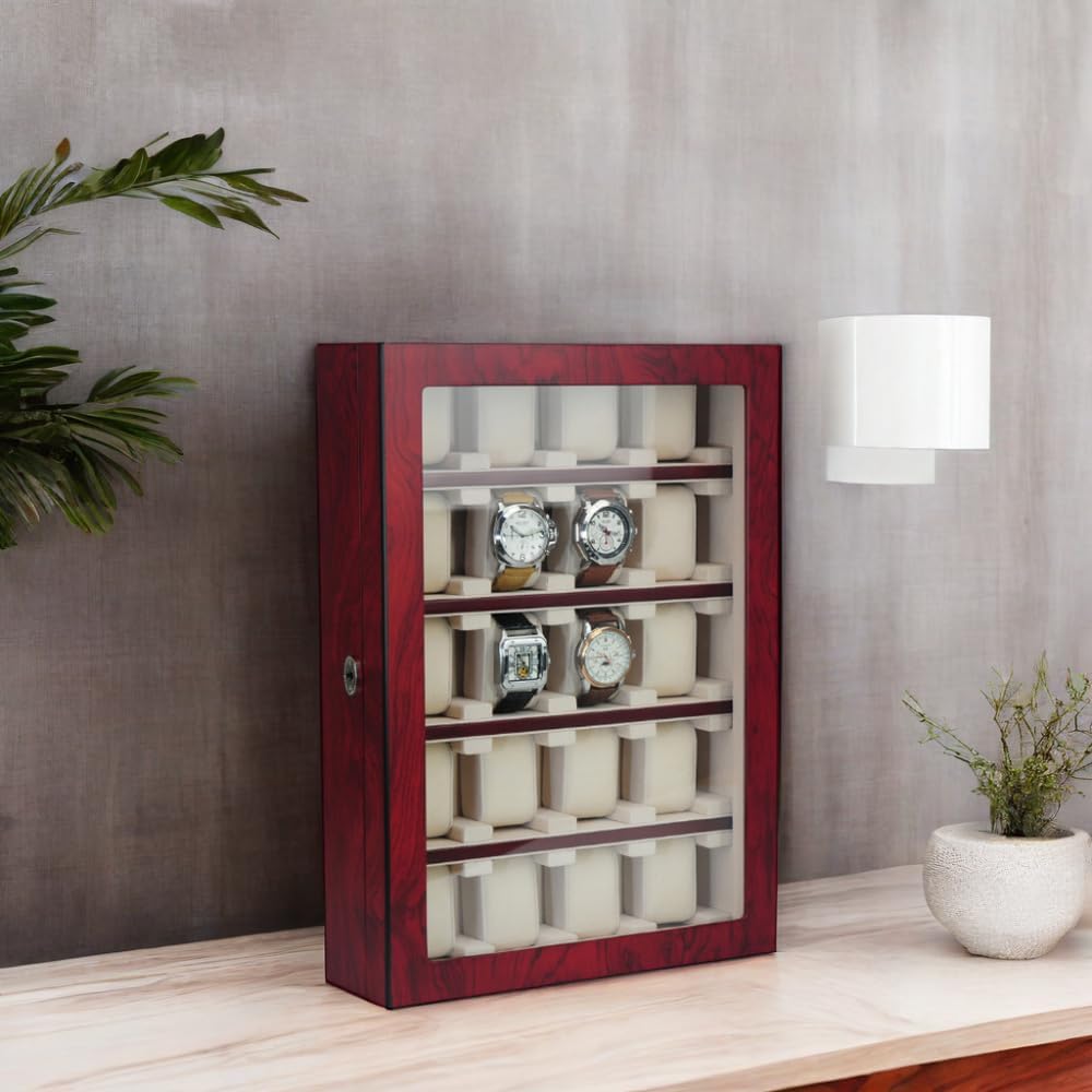 TIMELYBUYS 20 Piece Cherry Wood Watch Display Wall Hanging Case and Storage Organizer Box and Stand for Oversized Watches