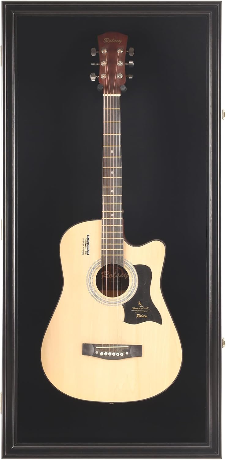 DisplayGifts 45' Acoustic Guitar Display Case Cabinet Shadow Box with Guitar Hanger Stand, Lockable 98% UV Protection Black Felt Interior Black Finish Frame