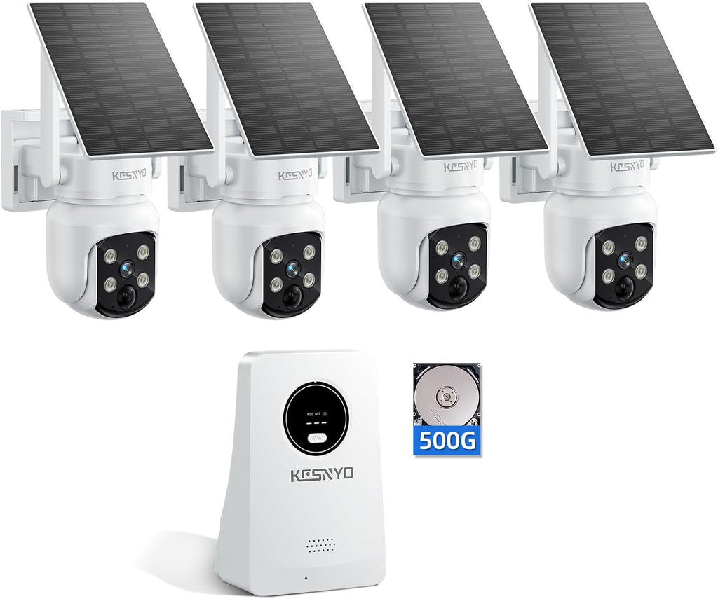 Solar Security Cameras Wireless Outdoor, 4MP Solar Powered Home Security Cameras System, 4 Cam kit, Color Night Vision, 360° PTZ, 500G HDD Local Recording, No Monthly Fees