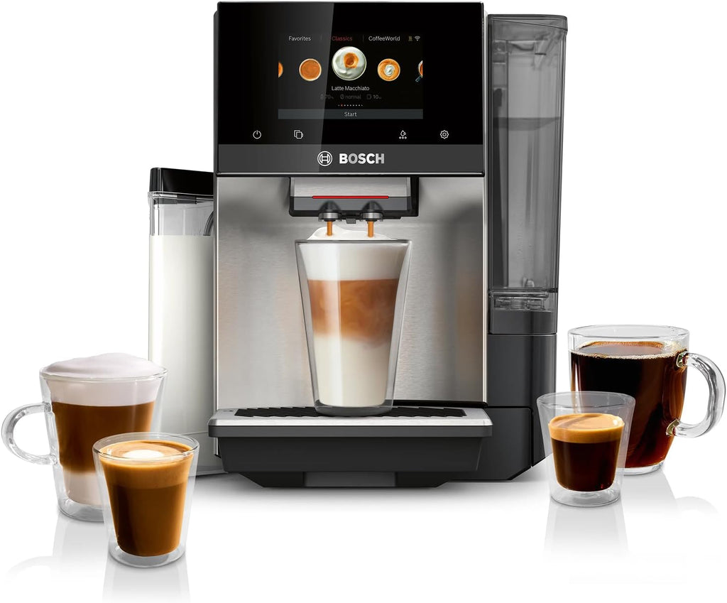 Bosch Fully Automatic Coffee and Espresso Machine - 36 Drinks, Double Cup Barista Style Super Coffee Maker - Touchscreen, Large Bean Capacity - Easy Clean, Maintenance - Stainless Steel - TQU60703