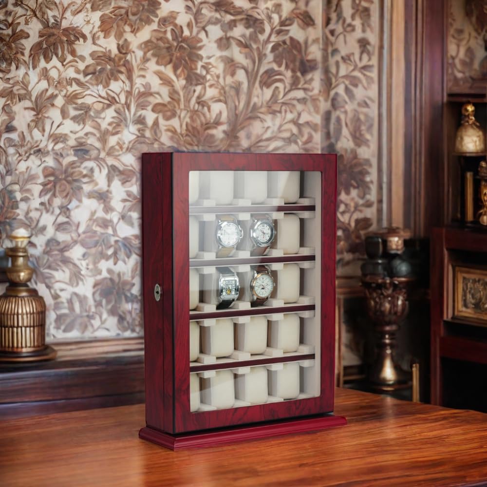 TIMELYBUYS 20 Piece Cherry Wood Watch Display Wall Hanging Case and Storage Organizer Box and Stand for Oversized Watches