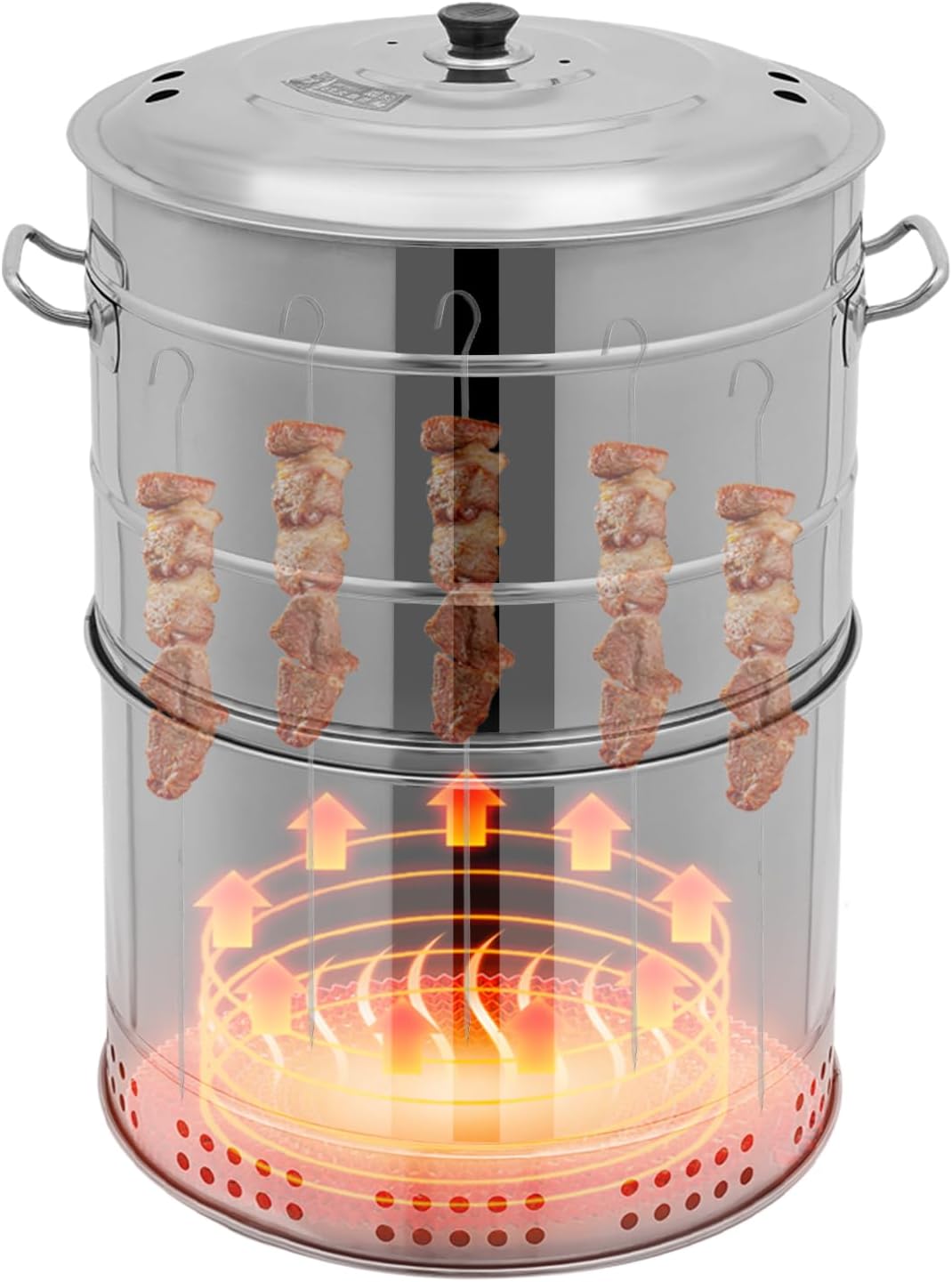 Portable Stainless Steel Charcoal Grill Barrel, 360°Smokeless BBQ Grill with Oil Tray, Large Camping Grill for Backyard, Travel and Patio Cooking, Barbecue Grill with 50 Skewers, Silver