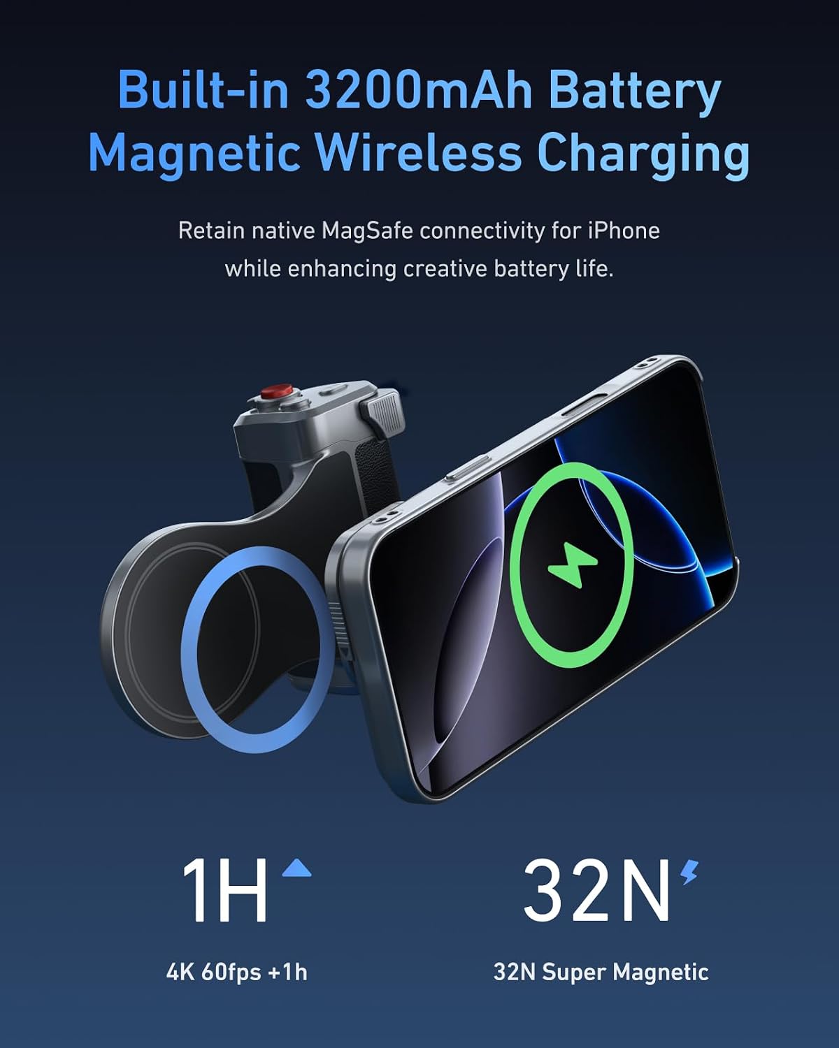 TELESIN Master Grip Universal for iPhone/MagSafe, Magnetic Phone Camera Grip with C03 Selfie Light Creator Kit Built 3200mAh Battery Wireless Charging -【Graphene Case Only for iPhone 17 Pro】