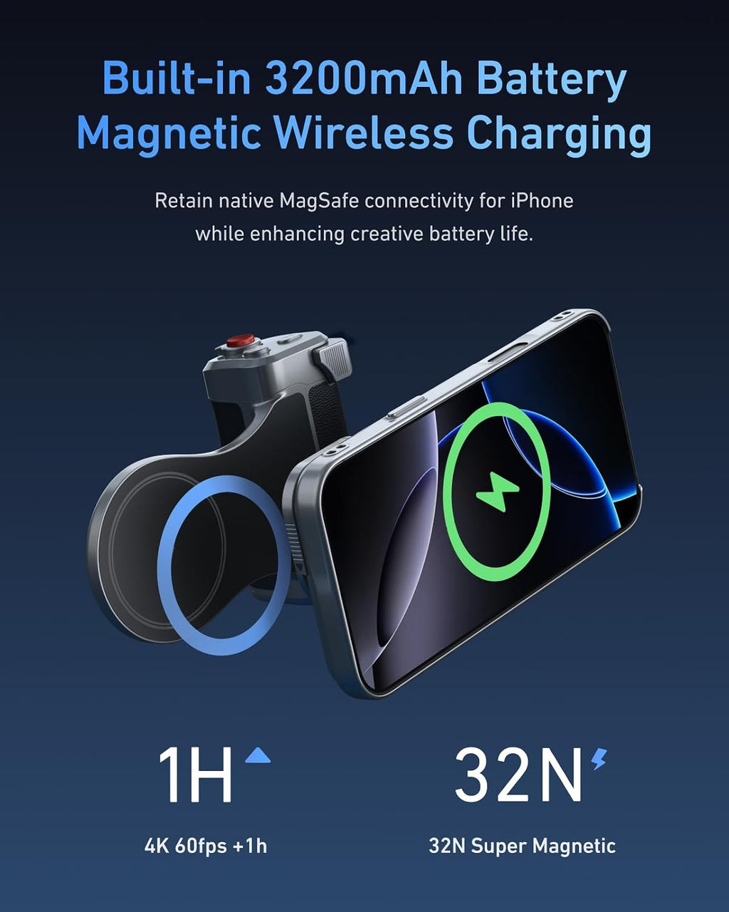 TELESIN Master Grip Universal for iPhone/MagSafe, Magnetic Phone Camera Grip with C03 Selfie Light Creator Kit Built 3200mAh Battery Wireless Charging -【Graphene Case Only for iPhone 17 Pro Max】