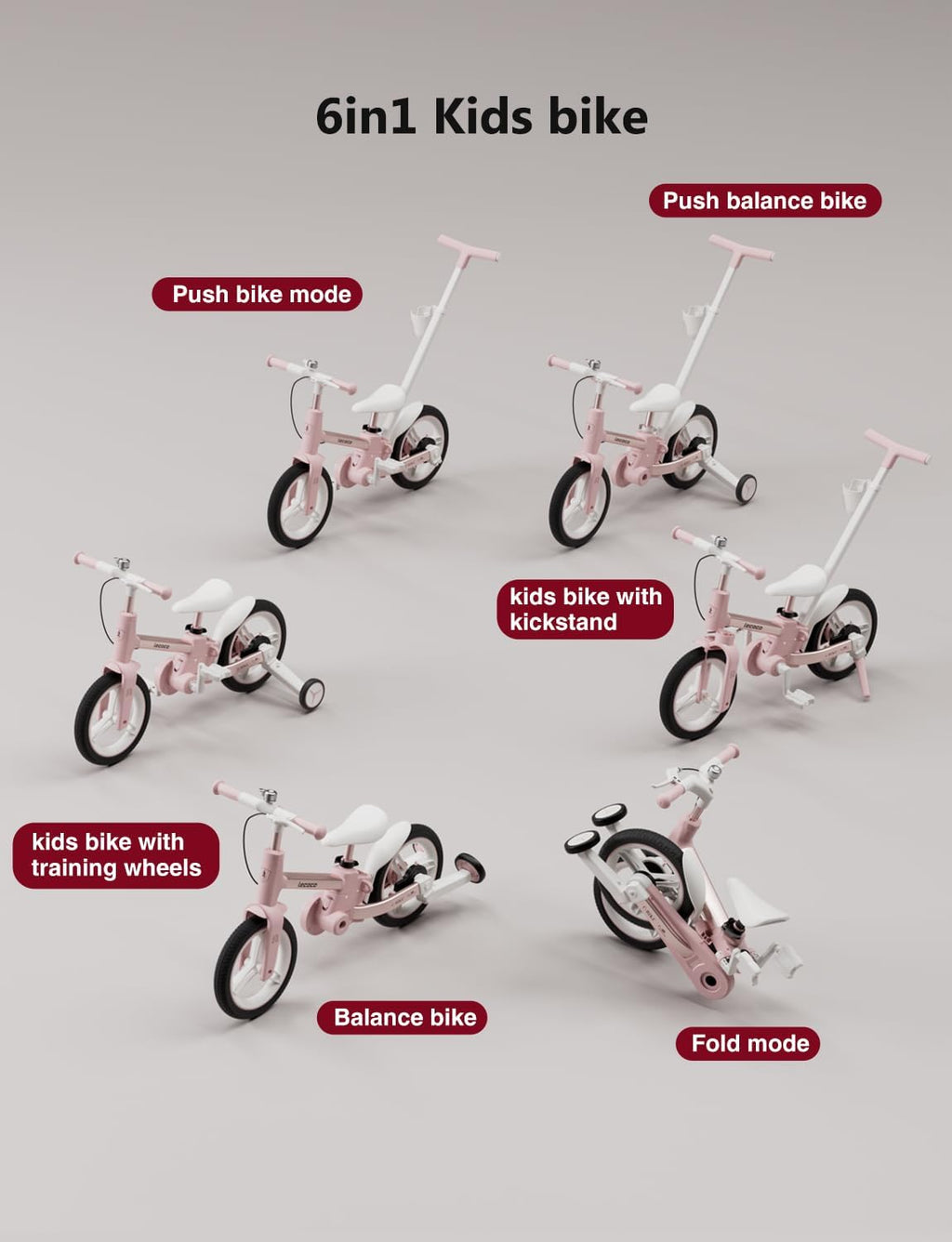 lecoco Upgraded Toddler Bike with Push Handle 6 in 1 for Kids, Balance Bicycle Toys with Training Wheels, Brackes, Cup Holder, Pedal, Kickstand Birthday Gift for Boys and Girls