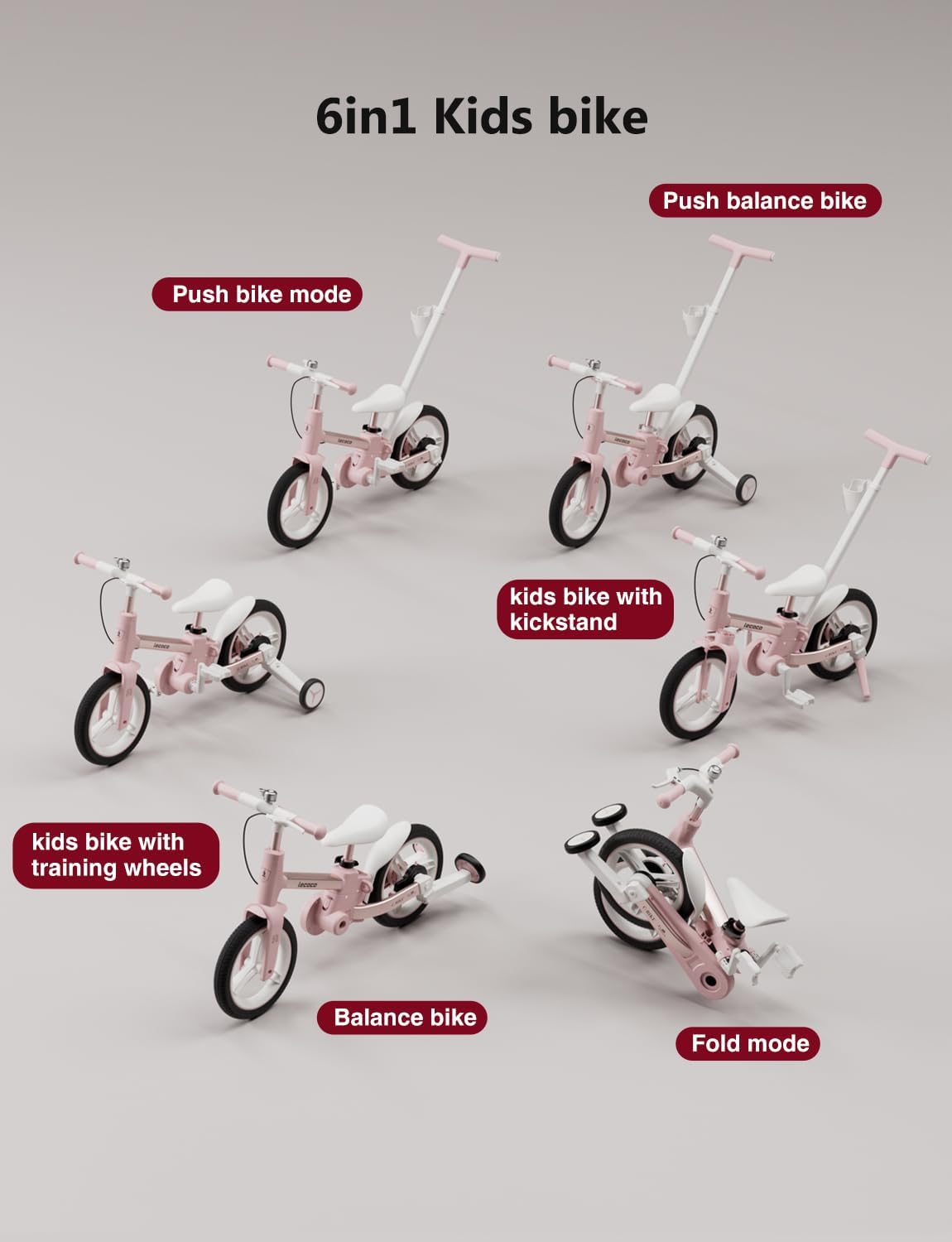 lecoco Upgraded Toddler Bike with Push Handle 6 in 1 for Kids, Balance Bicycle Toys with Training Wheels, Brackes, Cup Holder, Pedal, Kickstand Birthday Gift for Boys and Girls