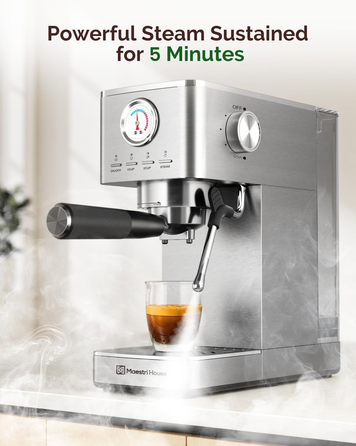 Maestri House Espresso Machines 20 Bar ULKA Pump, Compact Espresso Maker Built-in Flow Meter Steam Milk Frother, 43oz Removable Water Tank Stainless Steel Coffee Machine for Cappuccino (Sliver)