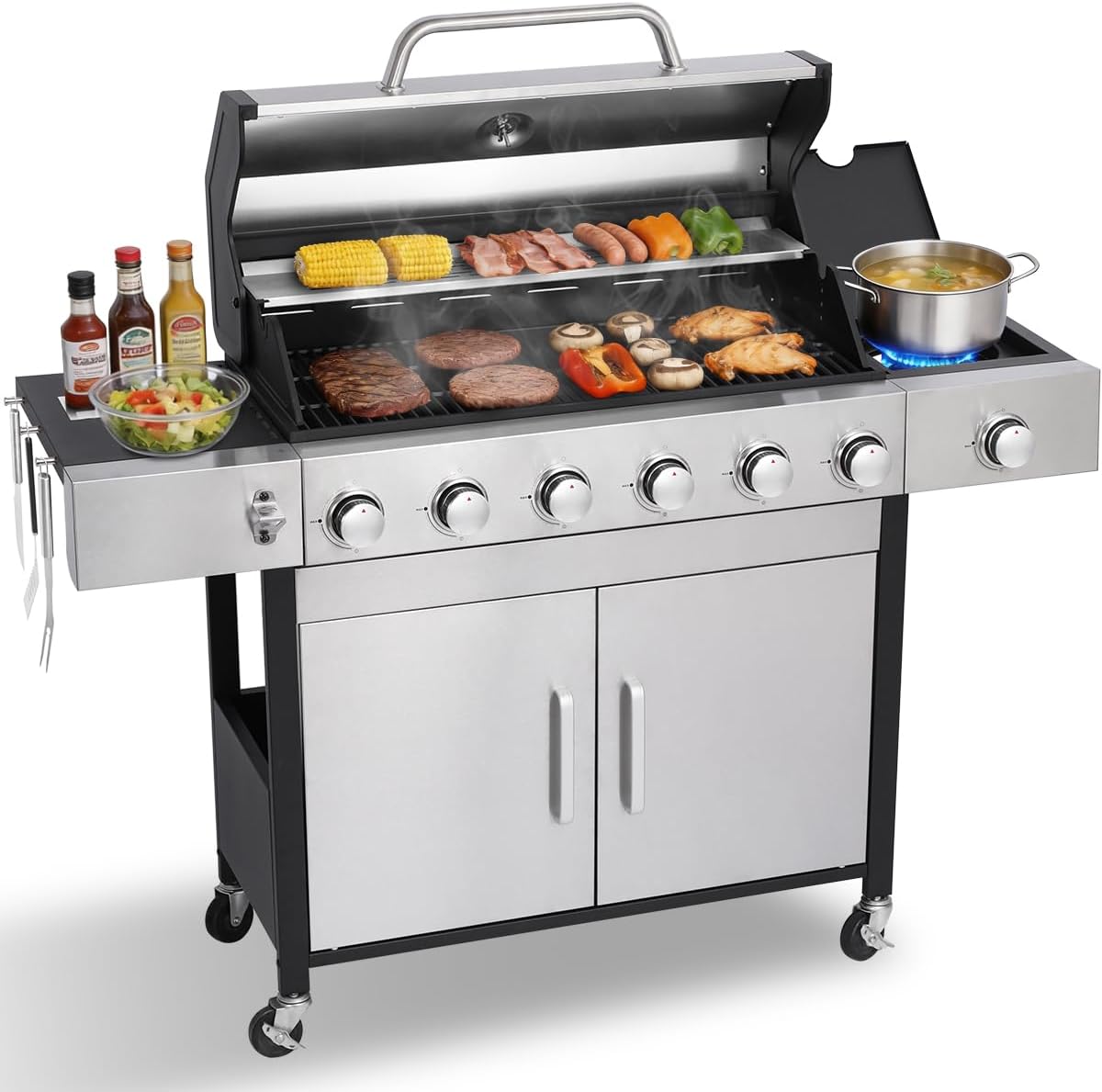 CIG GARDEN 6-Burner Propane Gas Grill with Side Burner & Lid - 73000 BTU Stainless Steel BBQ Grill with Warming Rack for Backyard, Patio, Camping Outdoor Cooking