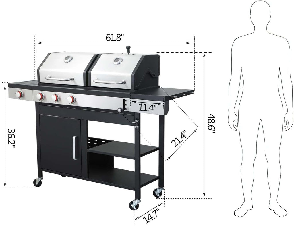 3 Burner Propane Gas and Charcoal Grill Combo with Side Burner & Porcelain-Enameled Cast Iron Grates, 37230BTU Output Dual Fuel Outdoor BBQ Grill for Patio Garden Picnic Backyard Barbecue Cooking