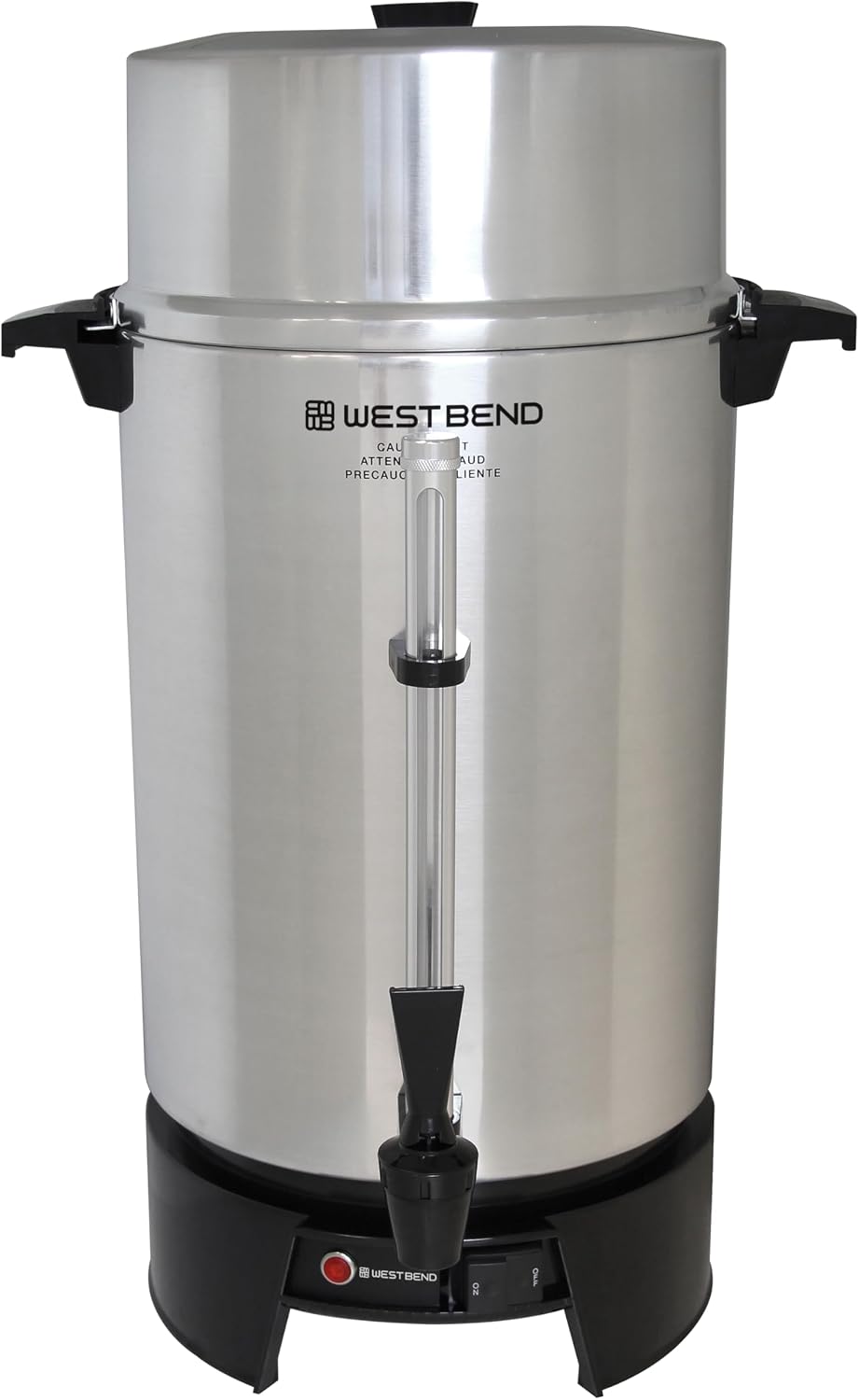 West Bend 33600 Coffee Urn Commercial Highly-Polished Aluminum NSF Approved Features Automatic Temperature Control Large Capacity with Fast Brewing and Easy Clean Up, 100-Cup, Silver