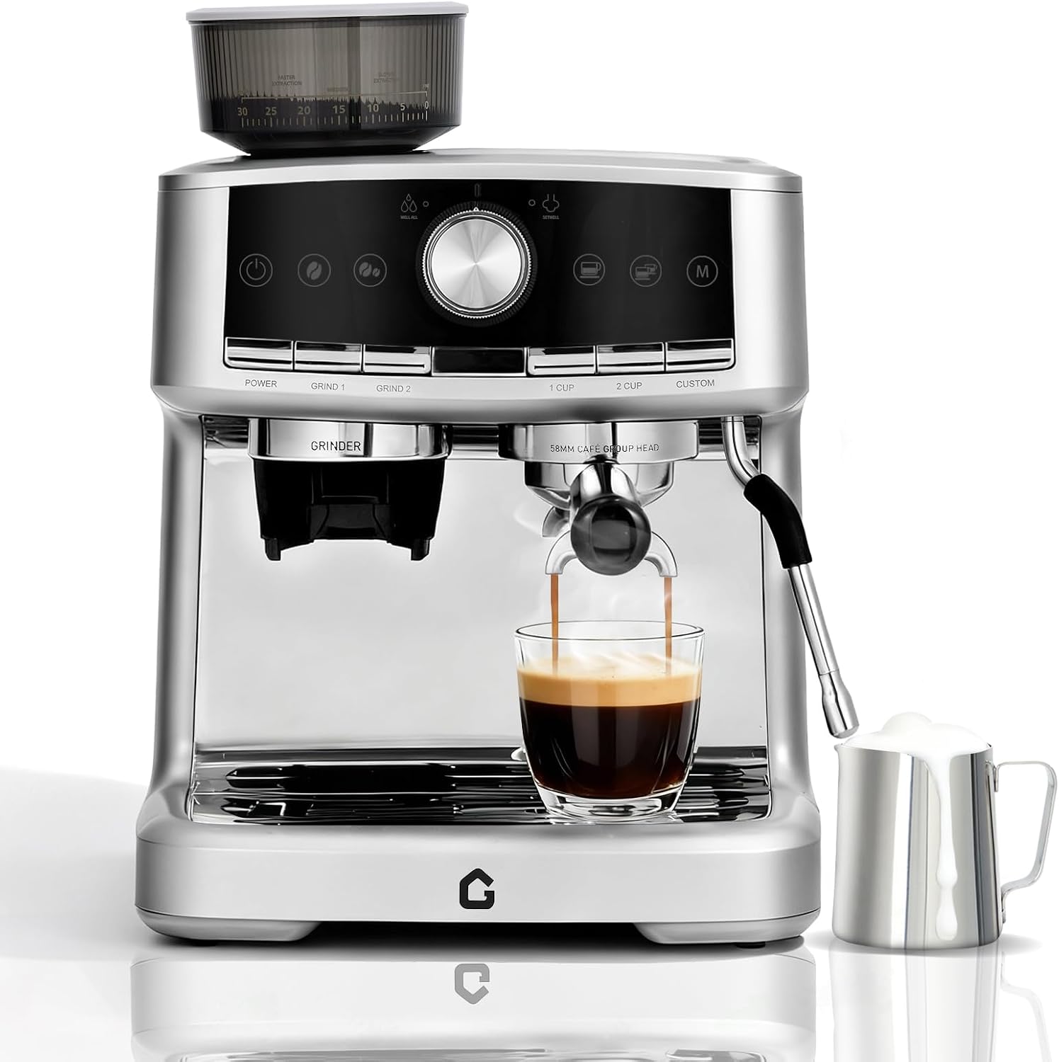Garvee 20 Bar Pressure Stainless Steel Espresso Machine with Grinder, 1.5L Removable Water Tank, Milk Frother Steam Wand for Latte/Cappuccino - Adjustable Shot Volume, Professional Home/Office Use