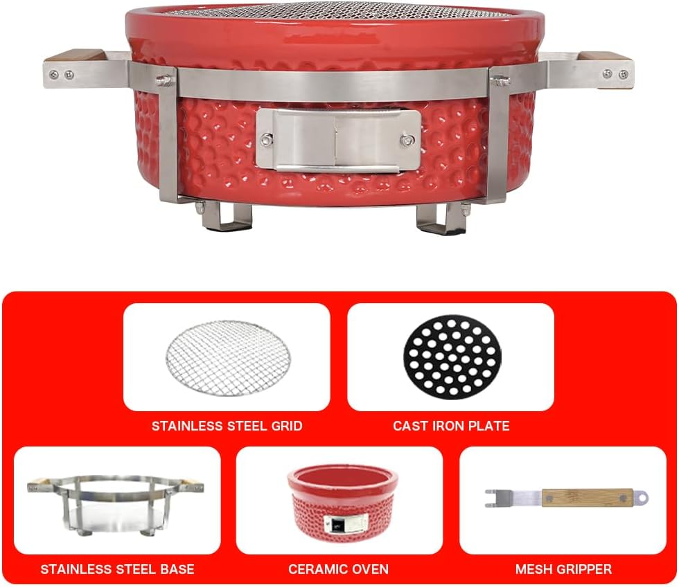 Yakitori Charcoal Grill, Japanese Ceramic Tabletop BBQ Grill with Stainless Steel Stand & Grid Lifter, Portable Indoor/Outdoor Hibachi Grill for 2–5 People, 16'x9', Red, Gift for Chrismas