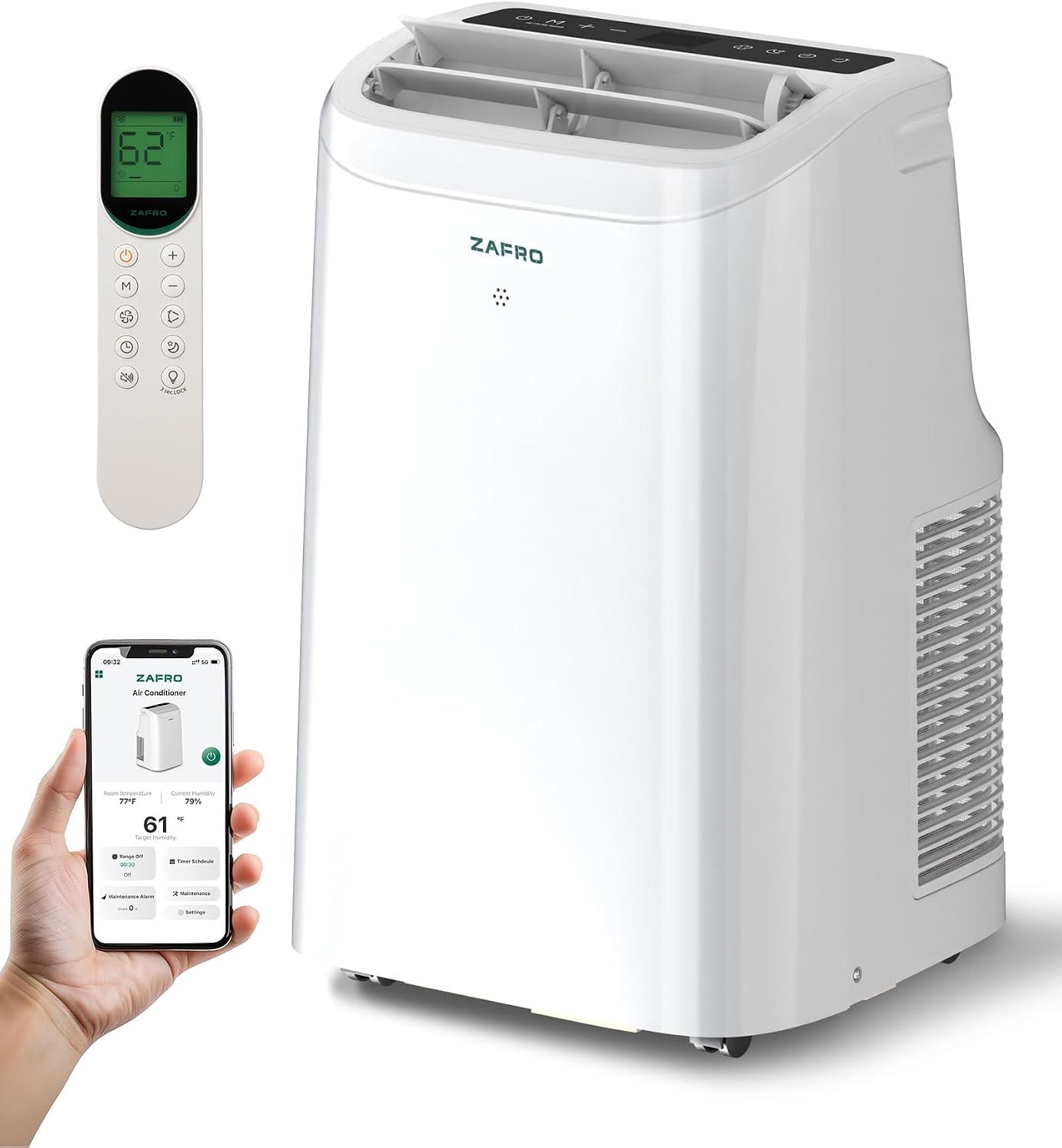 ZAFRO 10000 BTU Portable Air Conditioners (6000 BTU SACC) with Drainage-free Cooling, Fan & Dehumidifier, 47dB Quiet, APP Control/Remote/LED Display, 24H Timer, AC Unit for Bedroom
