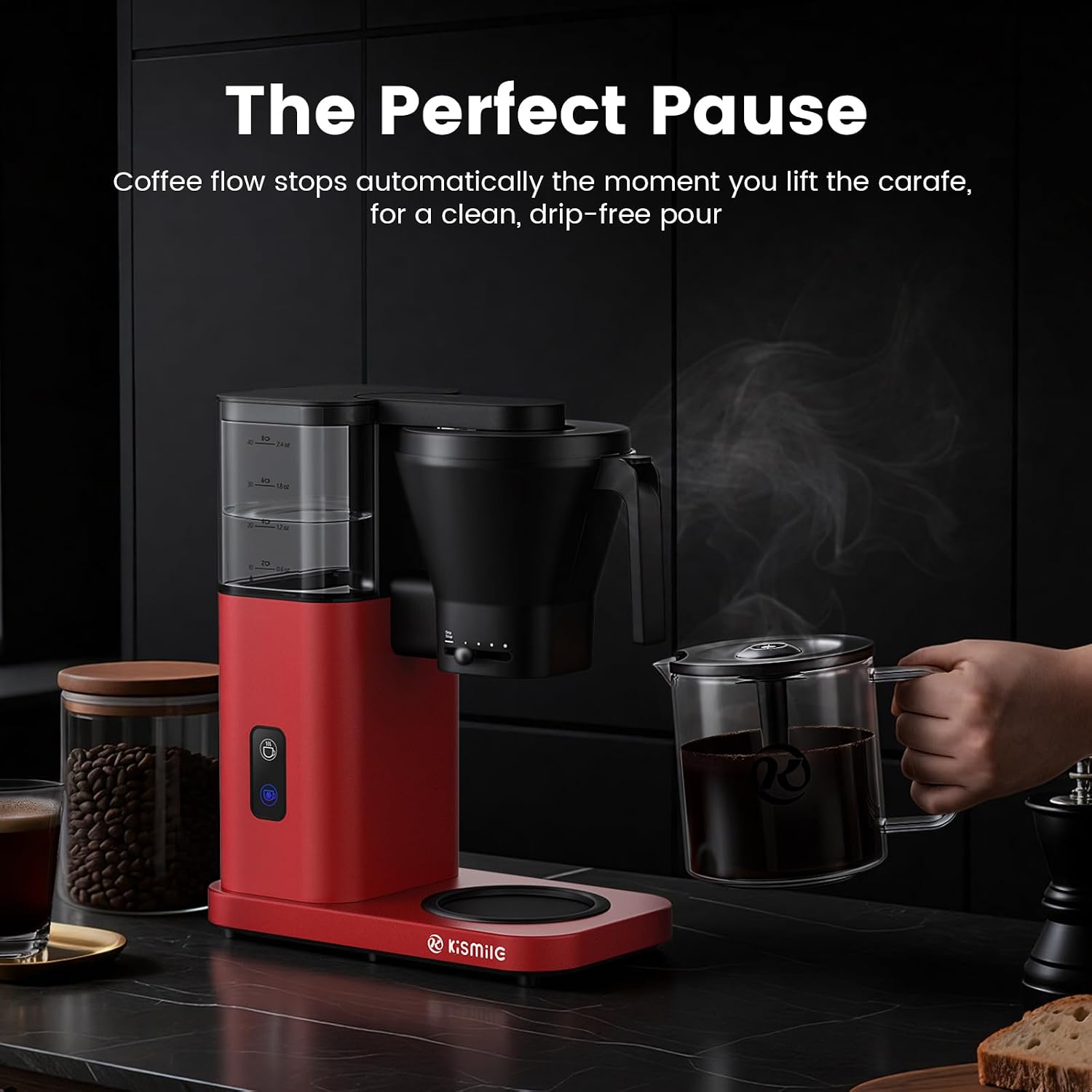 Kismile Drip Coffee Machine,SCA Certified Coffee Maker,Pour Over Coffee Brew with 3s Instant Heat 197-205℉, Adjustable Flow Control, Deep Cold Brew & Keep Warm 40 Min, Easy to Clean (Red)
