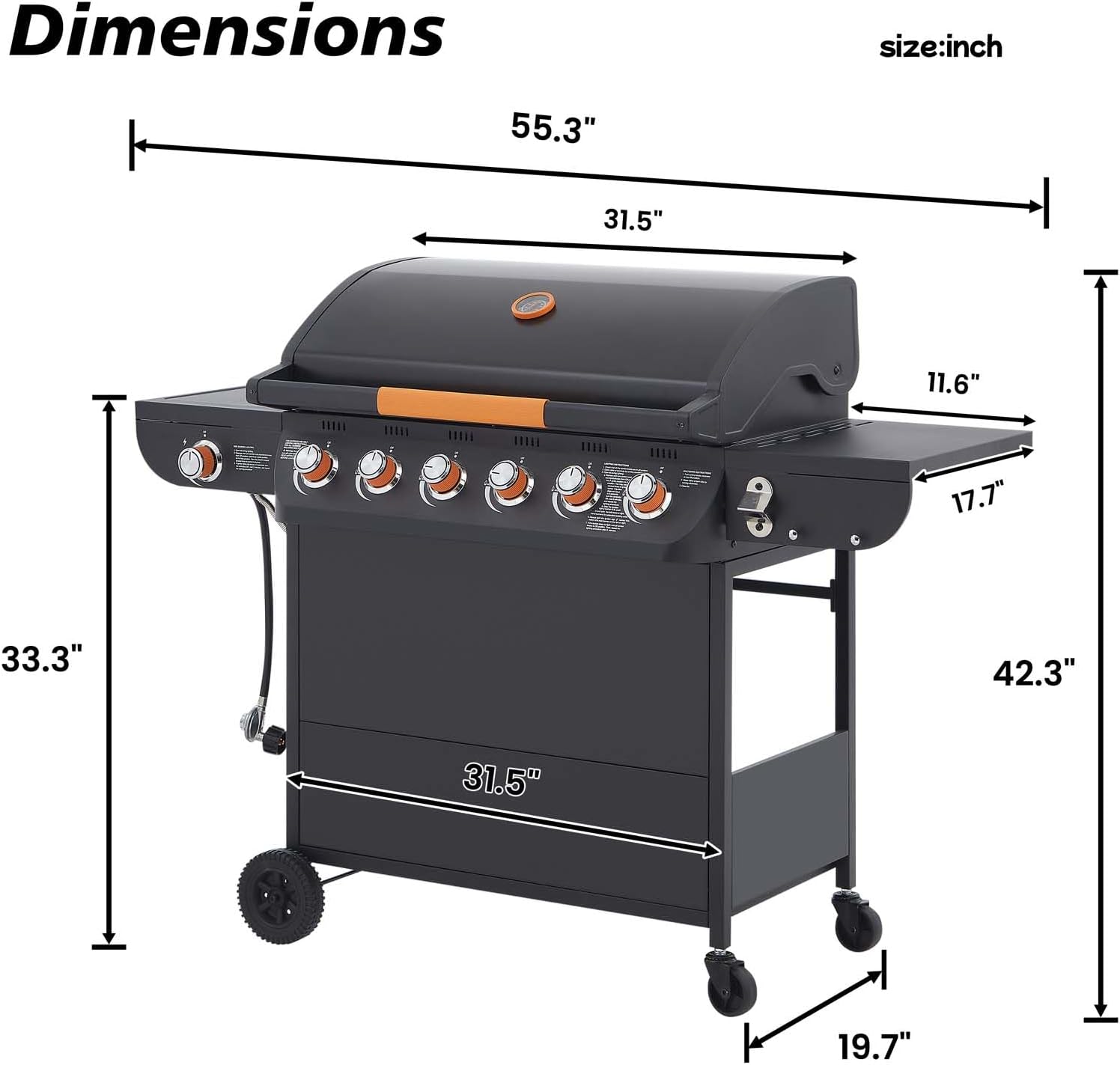 6-Burner Propane Gas BBQ Grill with Side Burner, 72,000 BTU Stainless Steel Barbecue Grill with Cast Iron Grates and Side Table for Outdoor Cooking Kitchen Patio
